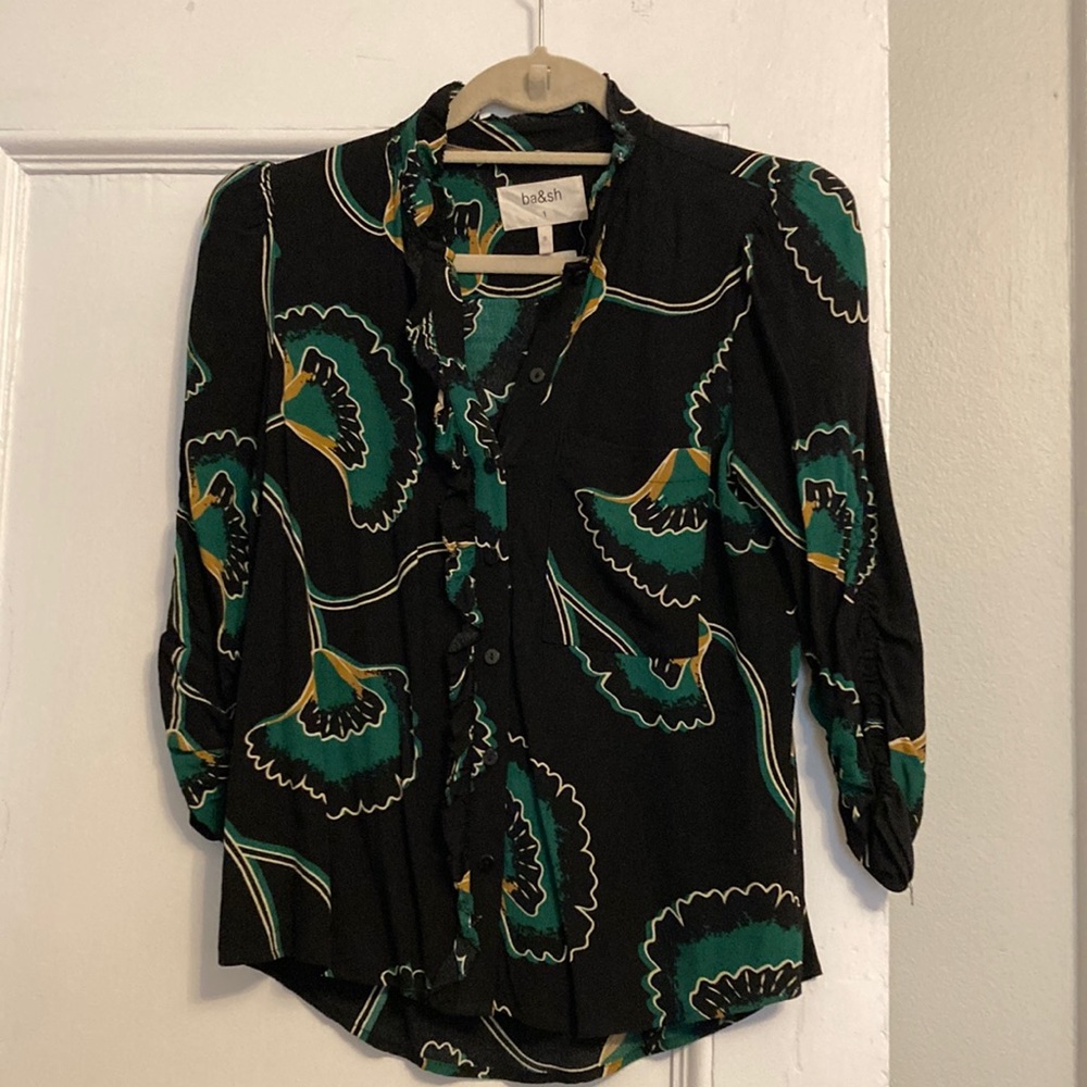 ba&sh print button down shirt with puff 3/4 sleeve